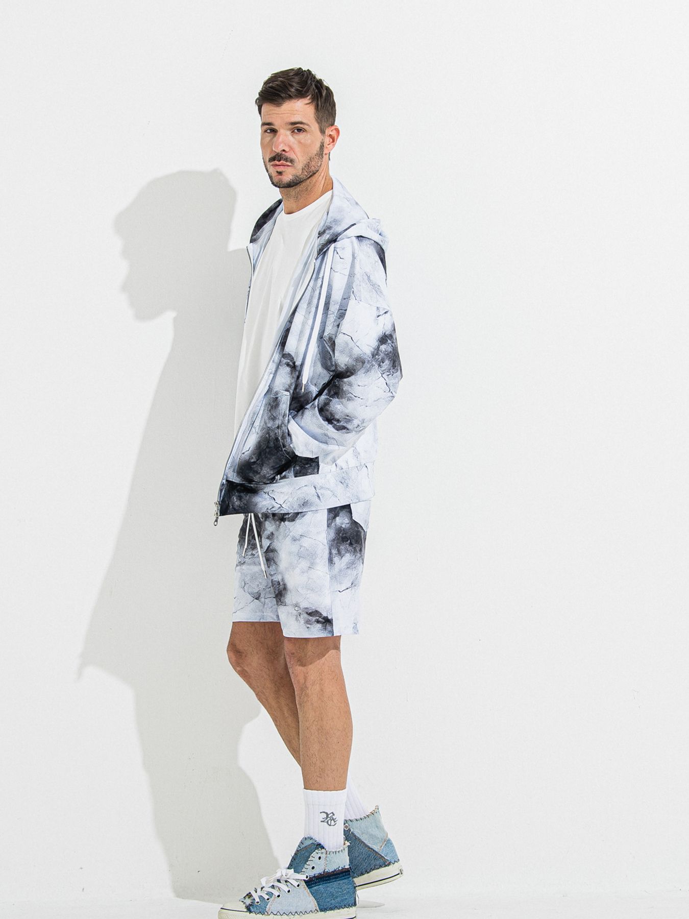 【予約品】RASH OVER ZIPUP HOODIE / ラッシュガード オーバーサイズジップアップパーカー / マーブルホワイト