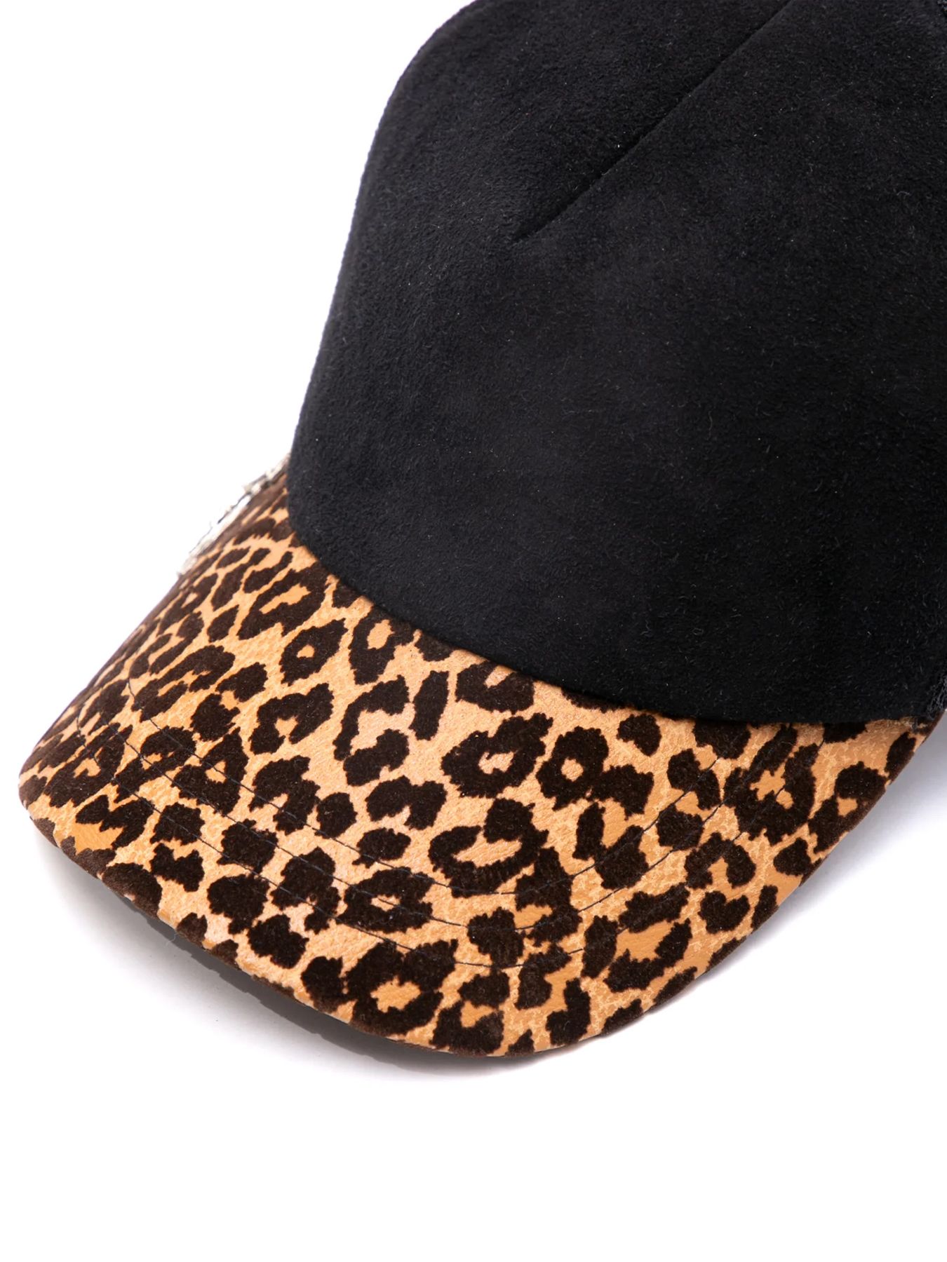 ディア スエード × 豹柄フロッキープリント ピッグ スエード レザーキャップ / BLACK × LEOPARD