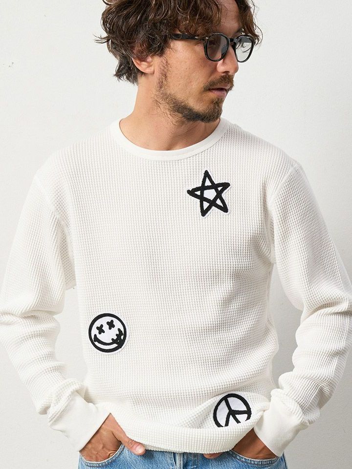 ヘビーウエイトコットンワッフル マルチサガラパッチラウンドヘムLS Tシャツ / ホワイト 【STUD MUFFIN(スタッドマフィン)】