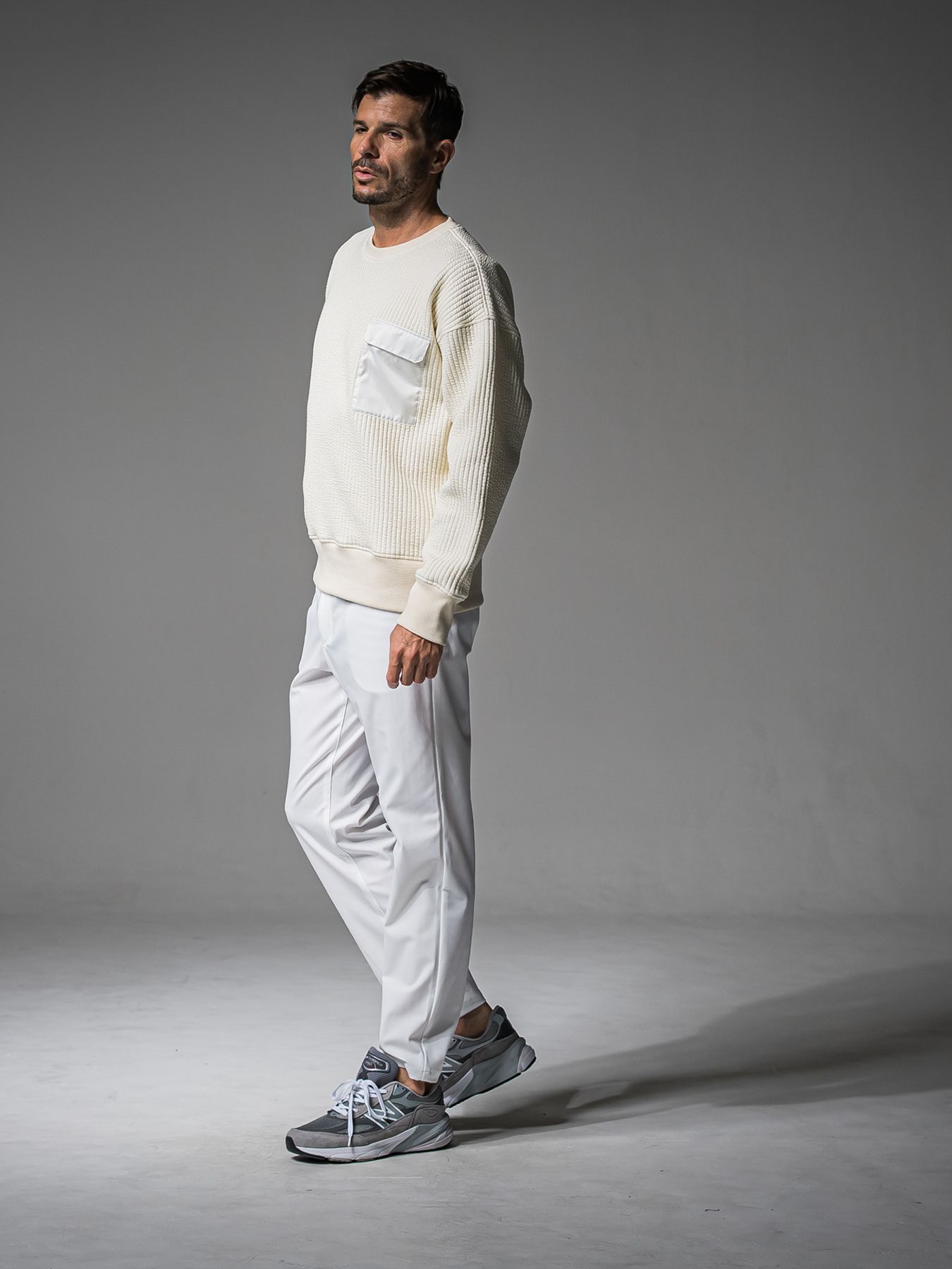 【予約品 】STRIPE QUILTING DROP TRAINER / ストライプキルティング ルーズトレーナー / オフ