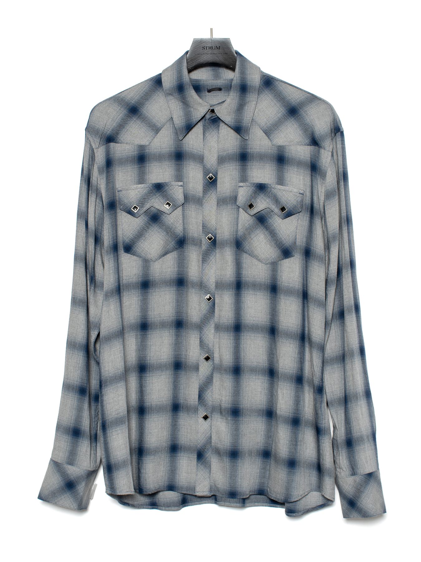 【予約品 9月27日(日) 締切】レーヨン ツイル オンブレーチェック ロングスリーブシャツ / BLUE