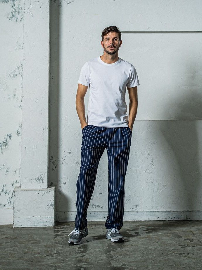《予約11月17日19時締め》 CHRIS EASY WIDE TUCK PANTS / ワイドタックパンツ / ネイビー・ストライプ