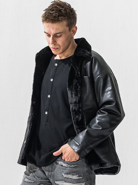 【予約品 9月6日(日) 締切】LEATHER FUR COVERALL / レザー ファー カバーオール / ブラック
