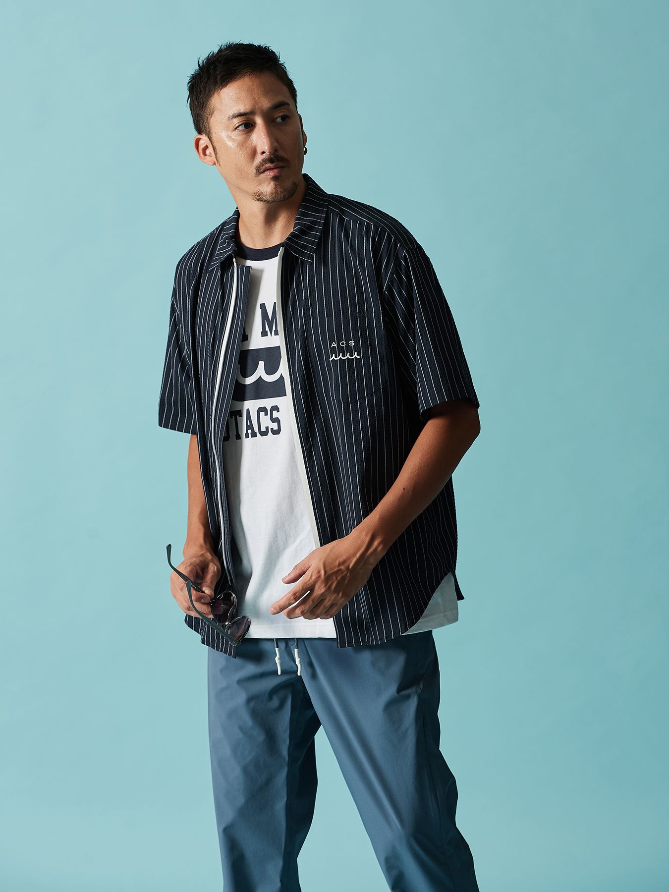 【予約品 10月9日(木) 締切】muta Dot Air(R) Zip Up S-S Shirt / ZIP半袖シャツ / ネイビーストライプ【Acanthus × muta MARINE】