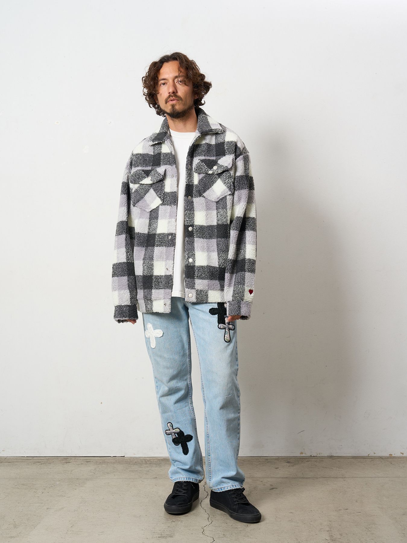 【予約品 】 ブロックチェックムックボア サガラパッチワークブルゾン / M.グレー