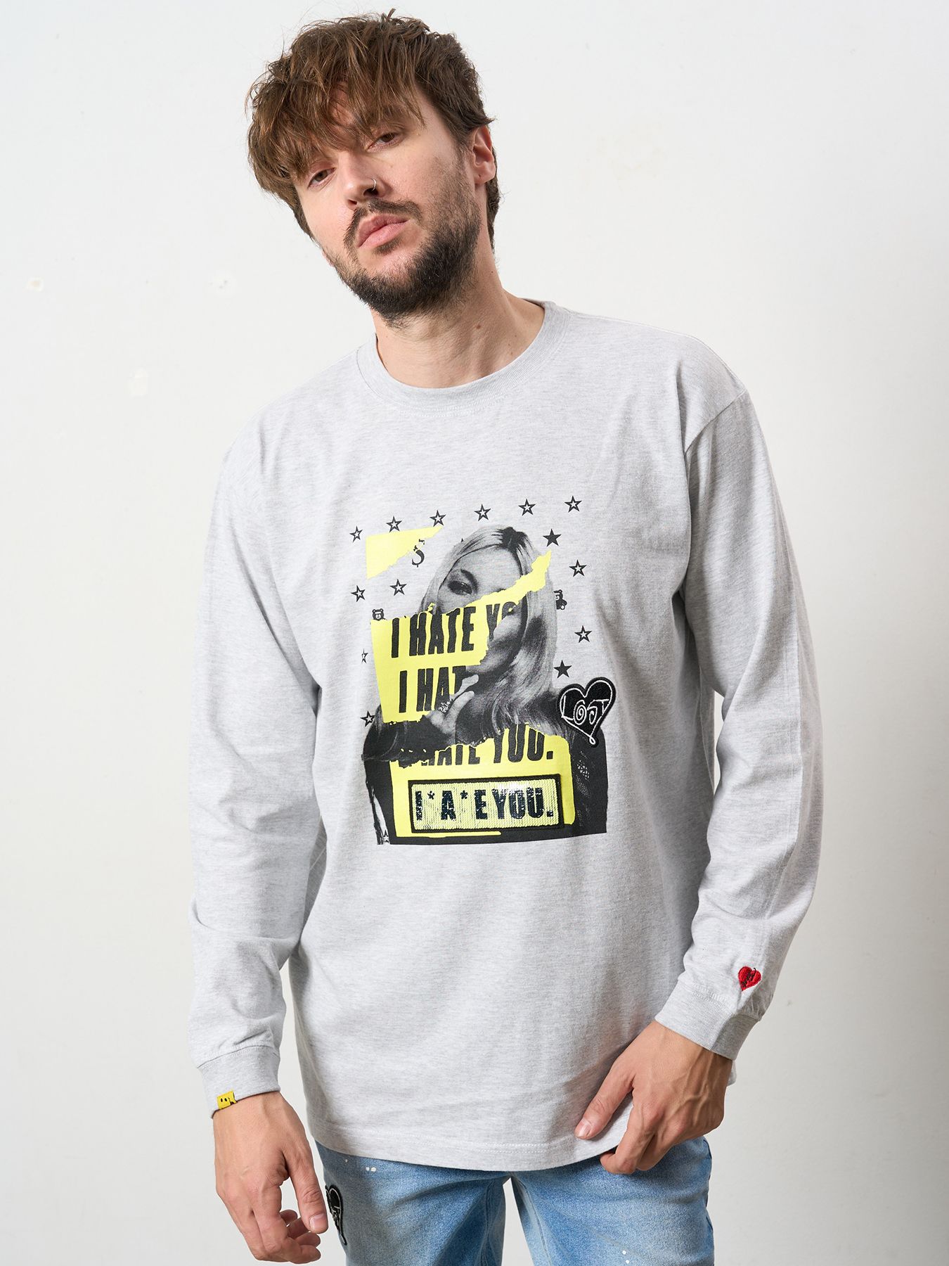 【予約品 5月8日(木) AM10時 締切】 5.6ozコットン天竺 I HATE YOU シークインLS Tシャツ / アッシュ