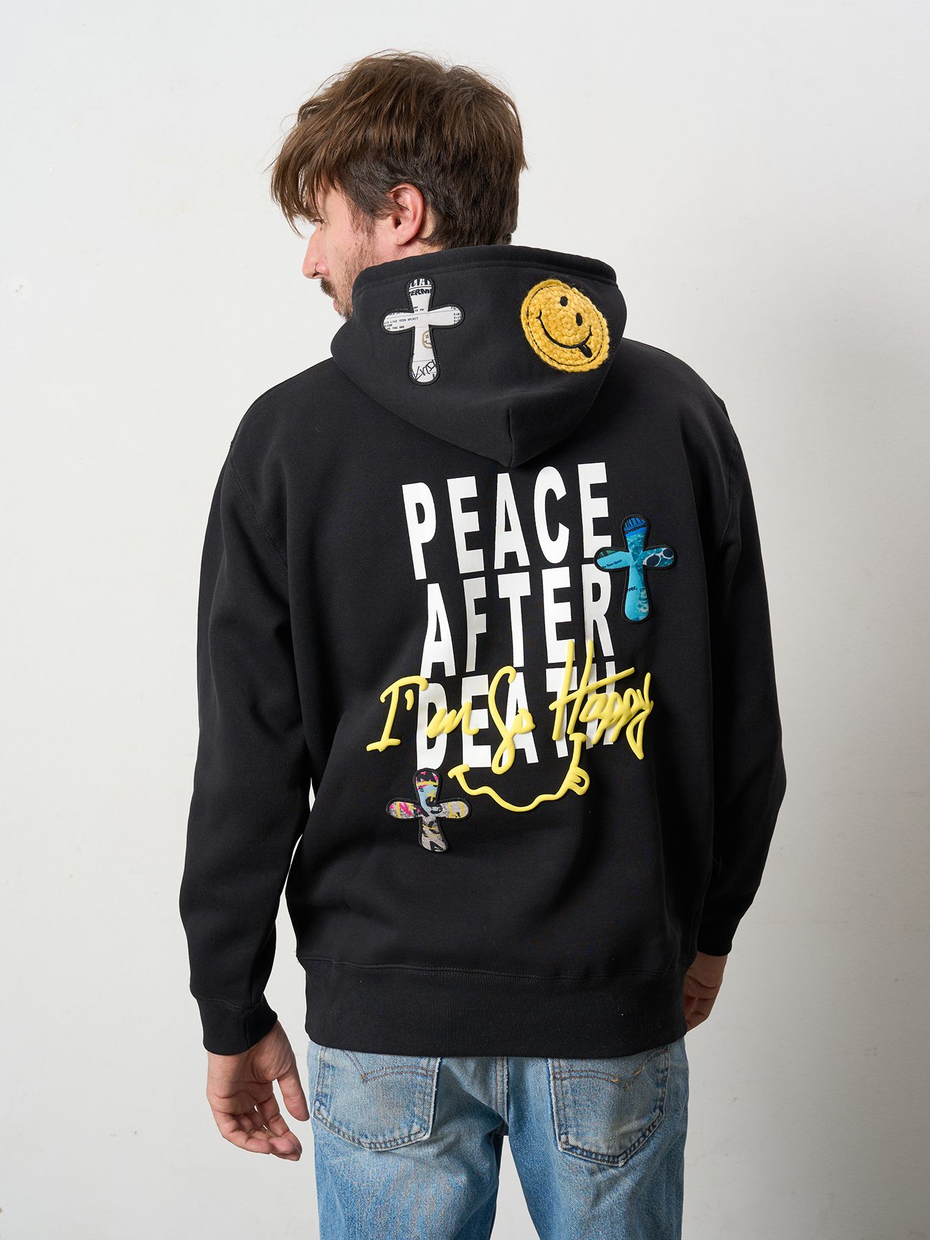 【予約品 5月8日(木) AM10時 締切】 TC裏毛起毛 PEACE AFTER DEATH&マルチパッチワーク プルパーカー / ブラック