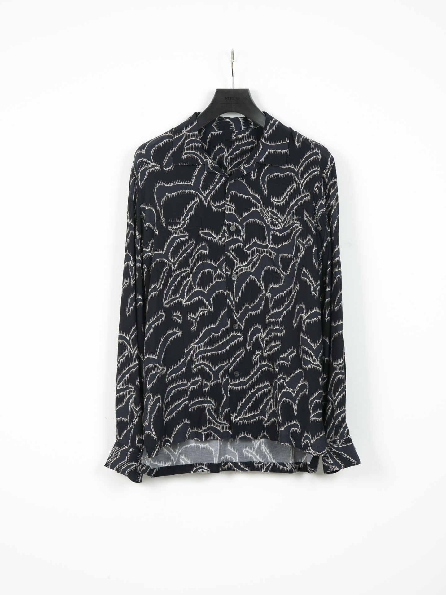 Printed Cupra Rayon L/S Open Collar Shirt / プリント L/S 開襟シャツ / ネイビー