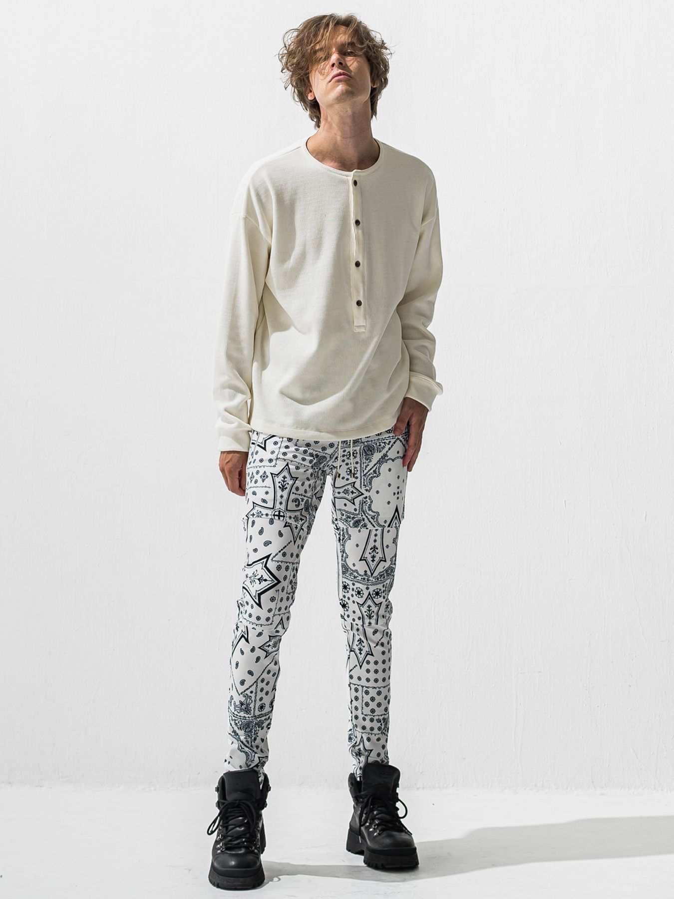 【予約品 9月6日(日) 締切】OVER HENRY VELOURS FLEECE THERMAL / 裏起毛 ハニカムサーマル オーバーサイズヘンリーネック / ホワイト