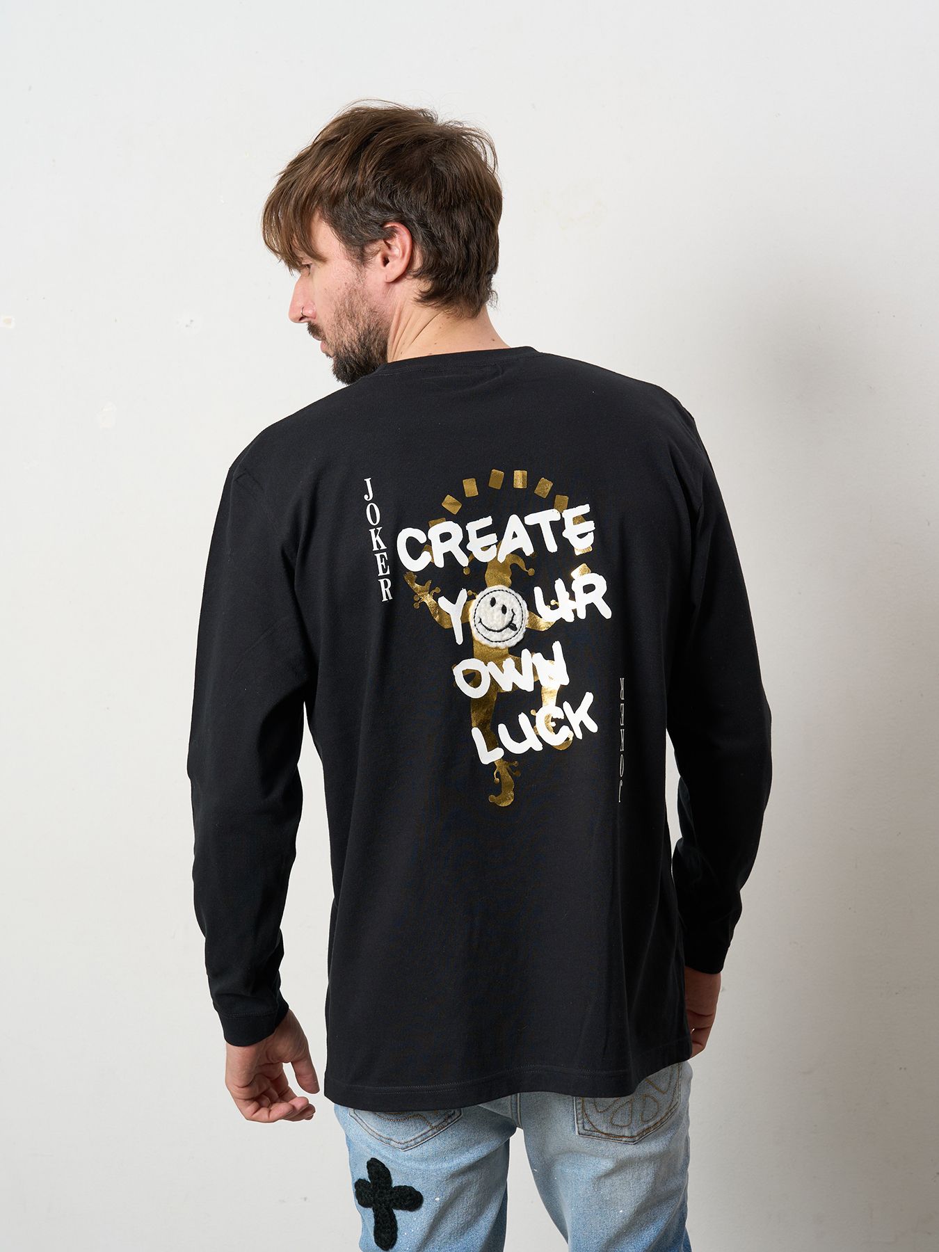 【予約品 5月8日(木) AM10時 締切】 5.6ozコットン天竺 CREATE YOUR OWN LUCK&マルチパッチワーク LS Tシャツ / ブラック