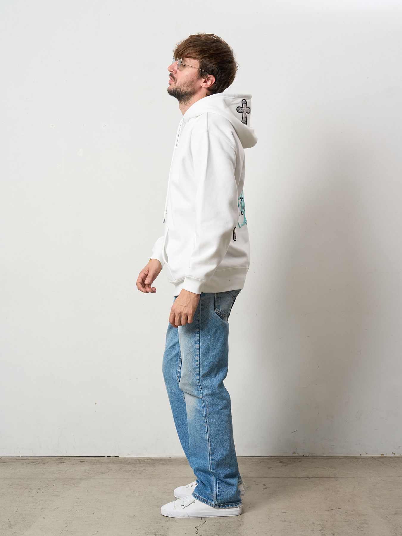 【予約品 5月8日(木) AM10時 締切】 TC裏毛起毛 PEACE AFTER DEATH&マルチパッチワーク プルパーカー / ホワイト
