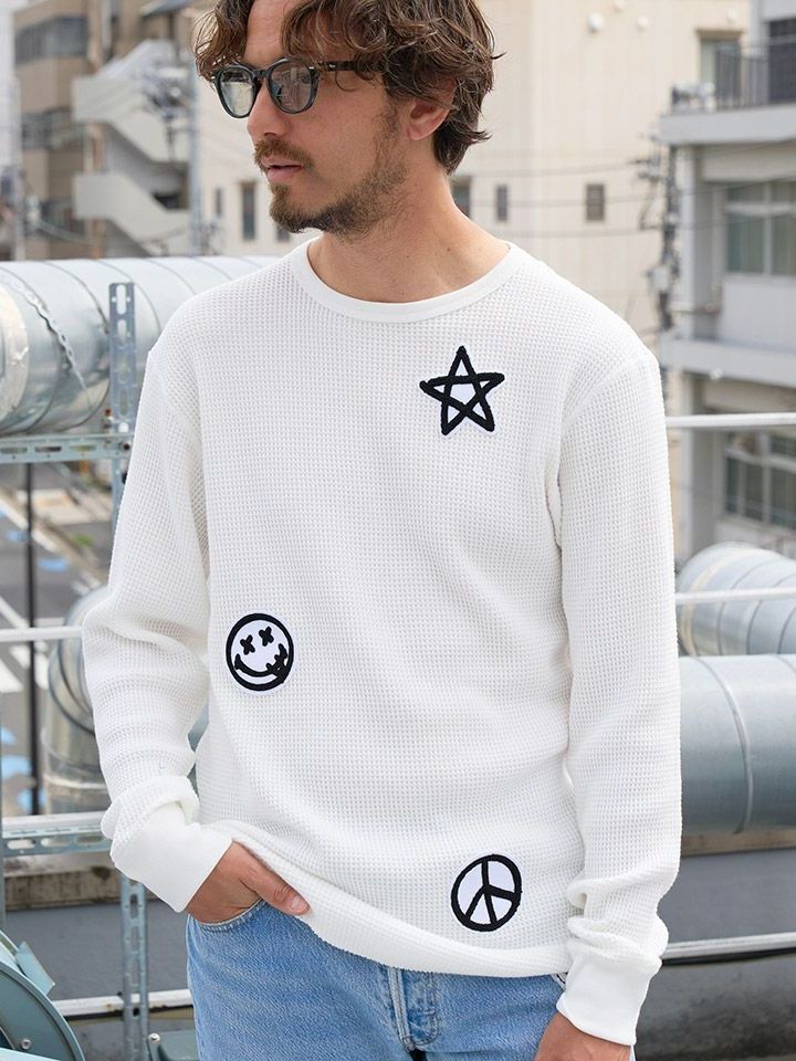 ヘビーウエイトコットンワッフル マルチサガラパッチラウンドヘムLS Tシャツ / ホワイト 【STUD MUFFIN(スタッドマフィン)】