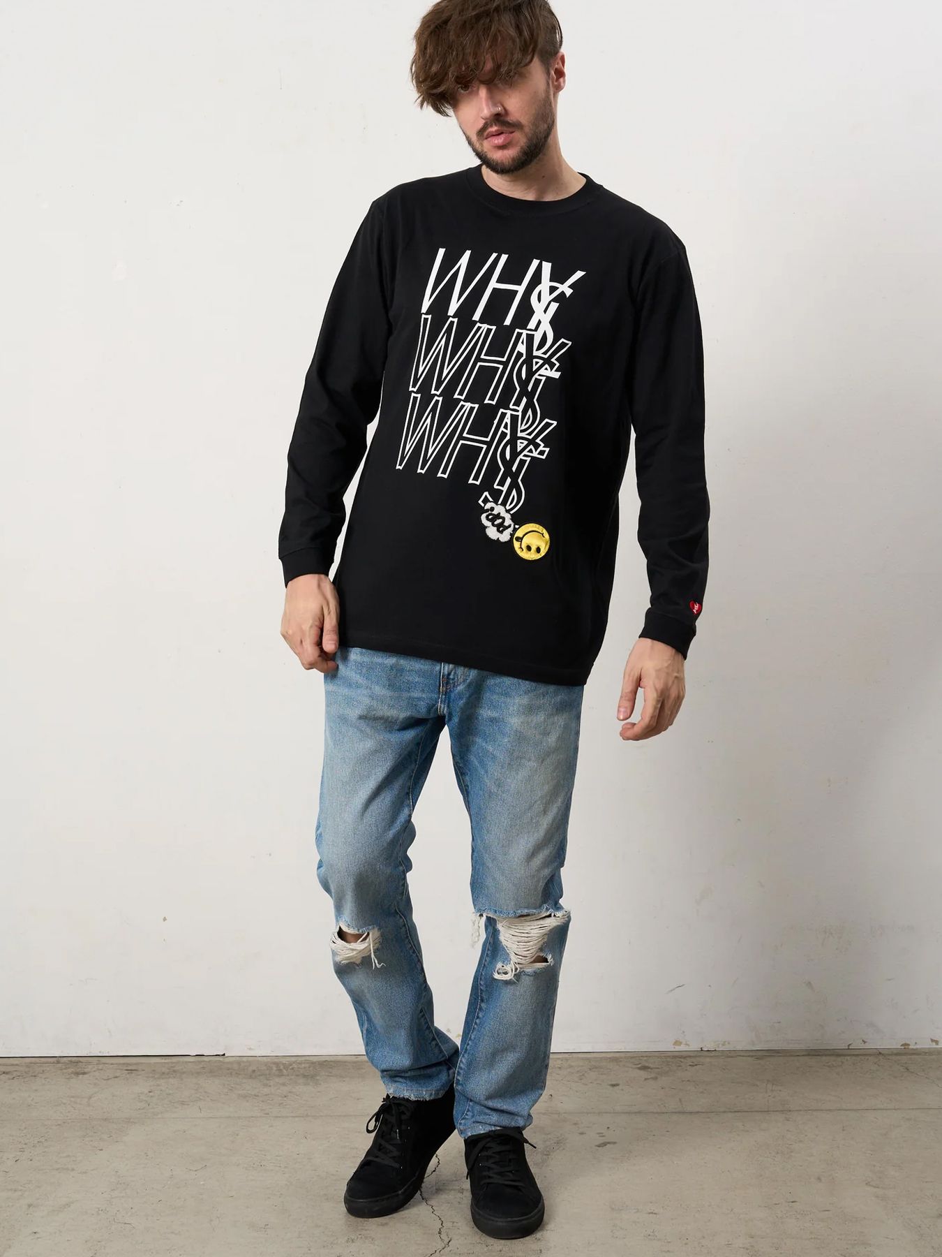 5.6ozコットン天竺 WHYSL/サガラパッチワーク LS Tシャツ / ブラック
