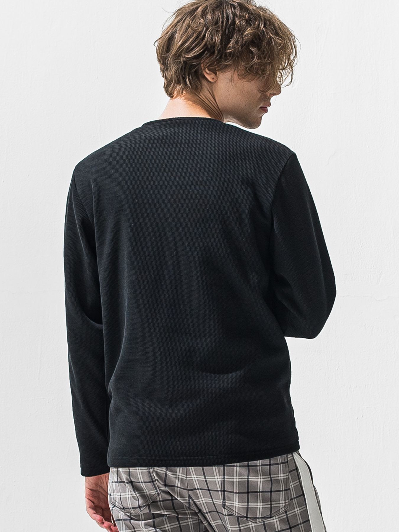 【予約品 9月6日(日) 締切】VELOURS FLEECE THERMAL HENRY / 裏起毛 ハニカムサーマル ヘンリーネック / ブラック