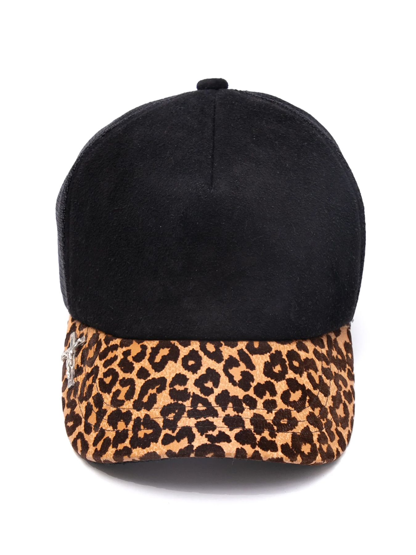 ディア スエード × 豹柄フロッキープリント ピッグ スエード レザーキャップ / BLACK × LEOPARD