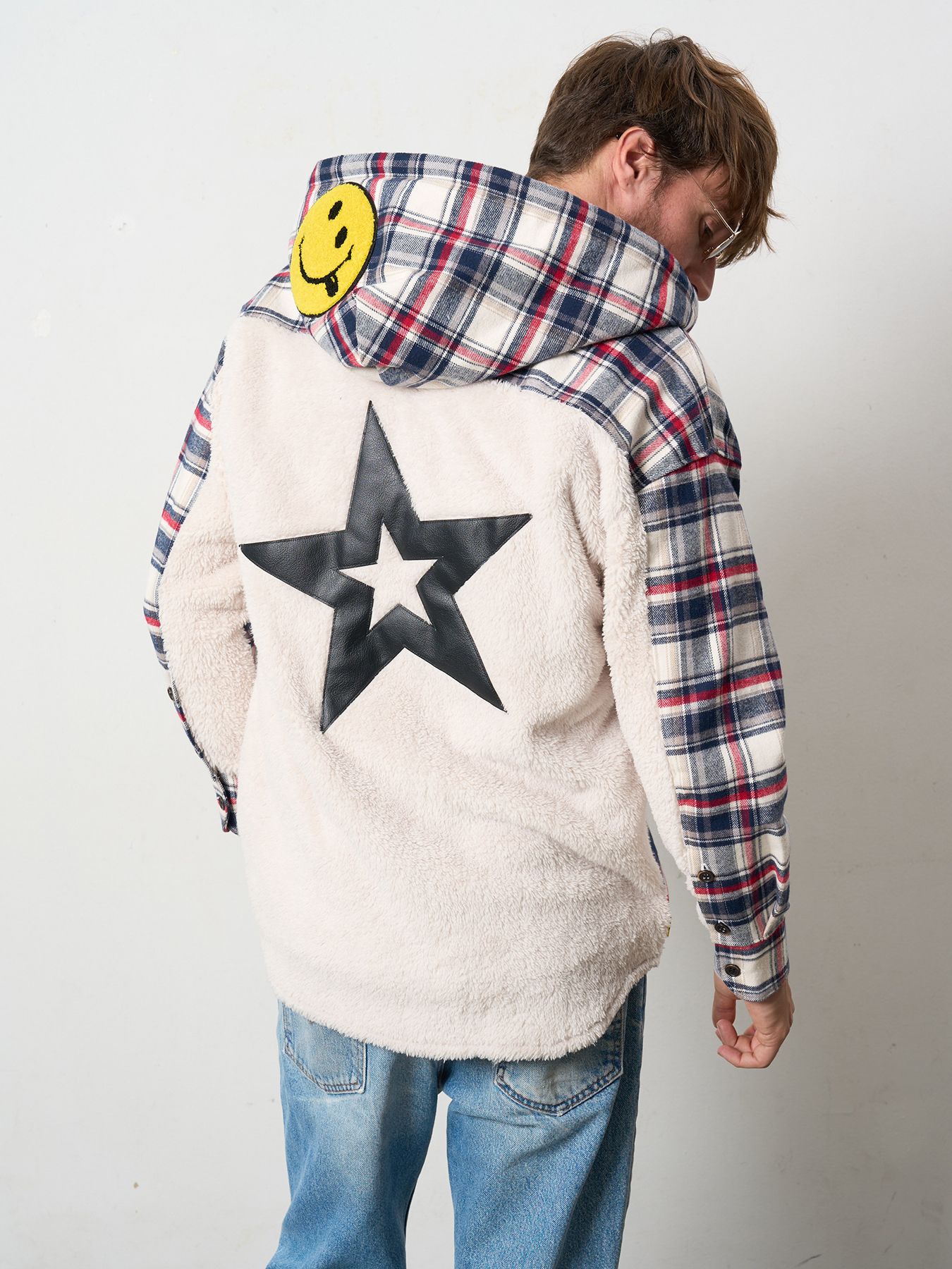 【予約品 】 ヘビーネルチェック-ボア レザースター&サガラパッチワーク フーデッドシャツ / オフホワイト