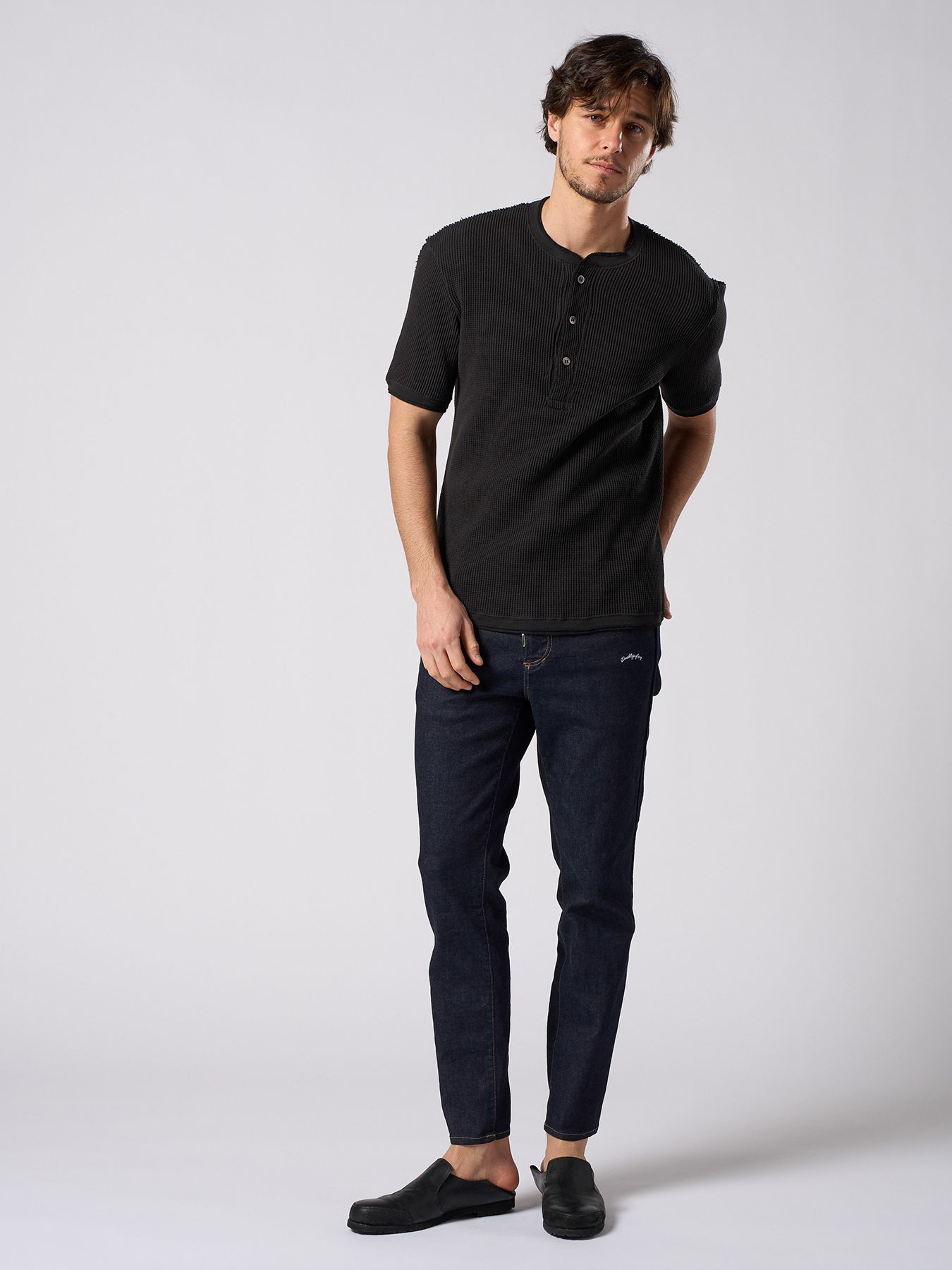 【予約品 1月25日(日) 締切】waffle henley S/S / ワッフルヘンリー ショートスリーブ / ブラック