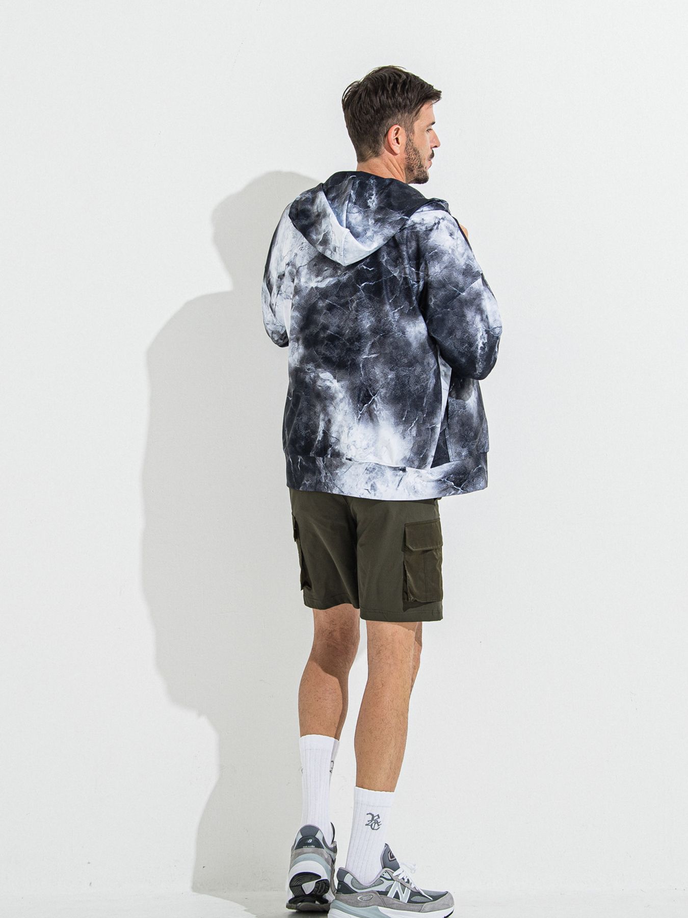 【予約品 】RASH OVER ZIPUP HOODIE / ラッシュガード オーバーサイズジップアップパーカー / マーブルブラック