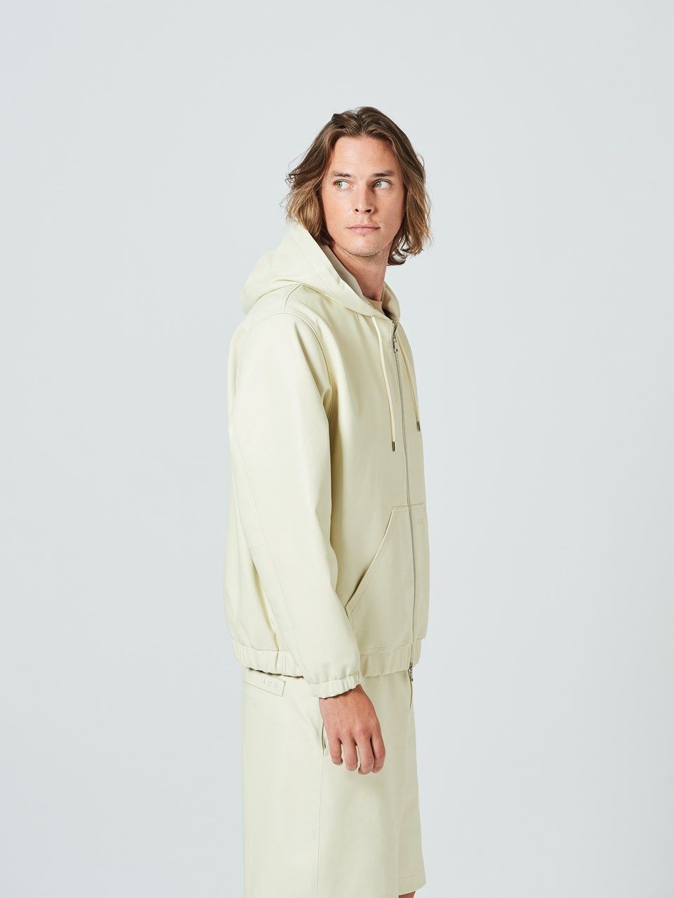 (予約品2023年10月19日18時締め) Leather Hooded Jakcet / レザーフードジャケット / ホワイト