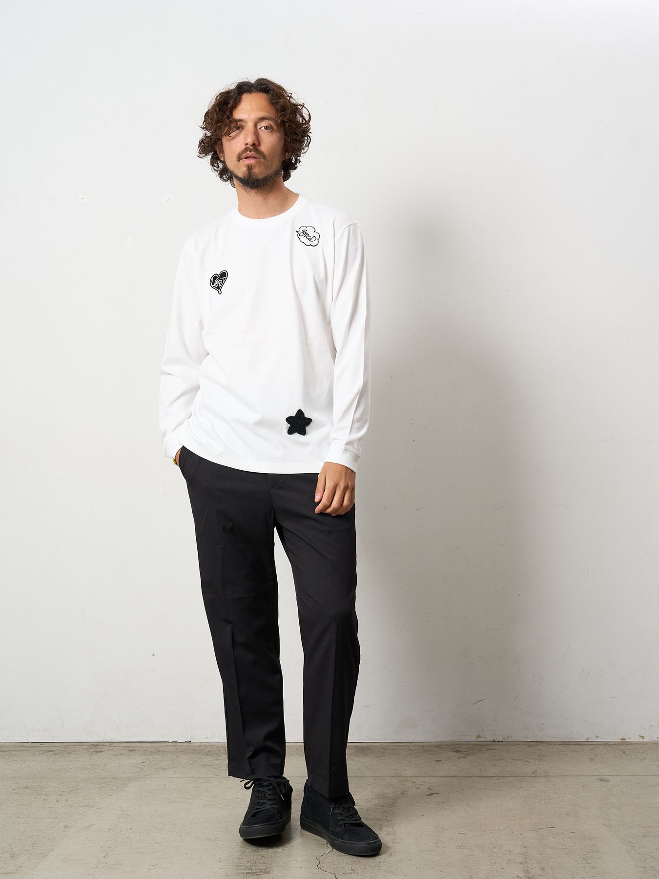 【予約品 5月8日(木) AM10時 締切】 5.6ozコットン天竺 CREATE YOUR OWN LUCK&マルチパッチワーク LS Tシャツ / ホワイト