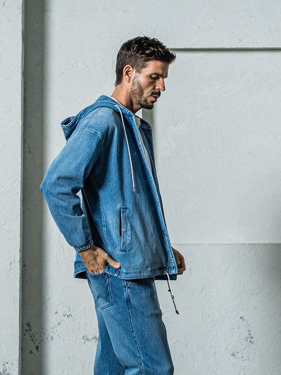 《予約11月17日19時締め》 DENIM JERSEY  coach hoodie / ジャケットパーカー / ライトインディゴ