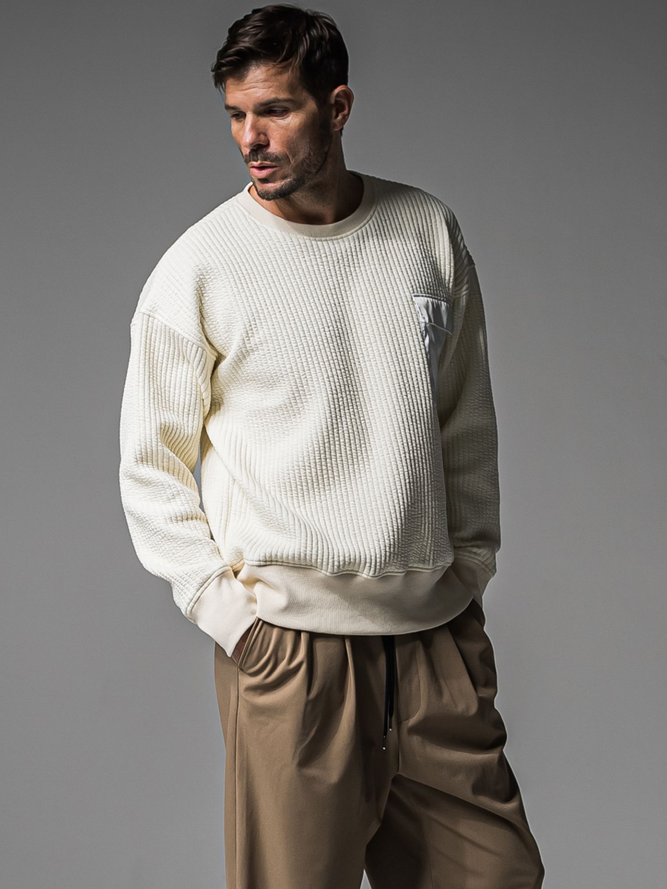 【予約品 】STRIPE QUILTING DROP TRAINER / ストライプキルティング ルーズトレーナー / オフ