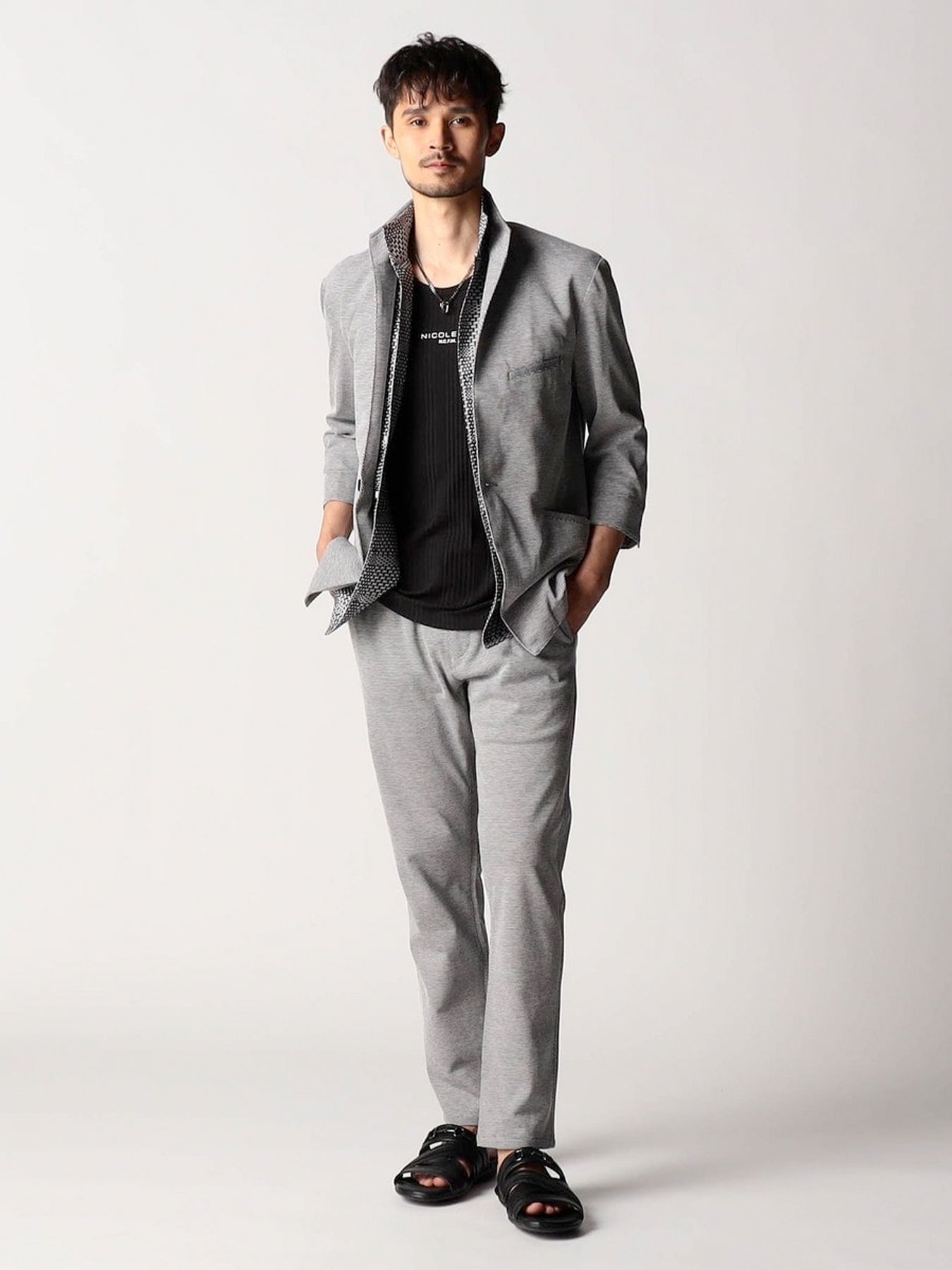 7分袖イタリアンカラージャケット / グレー【NICOLE CLUB FOR MEN】