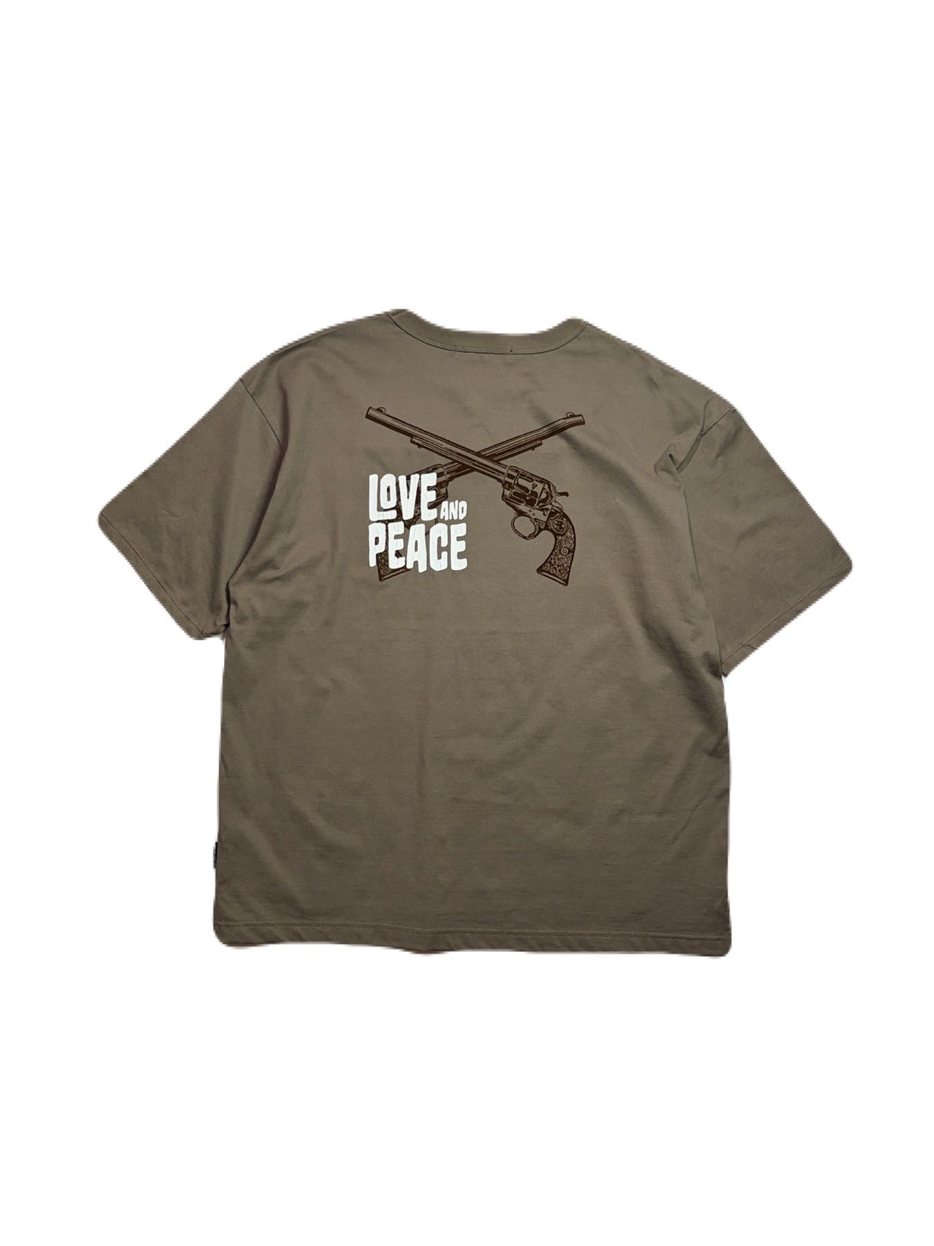 【予約品 3月9日(月) 18:00 締切】ORG/CO S/TEE LAP/GUN / クロスガン LOVE and PEACE オーガニックコットン Tシャツ / カーキ