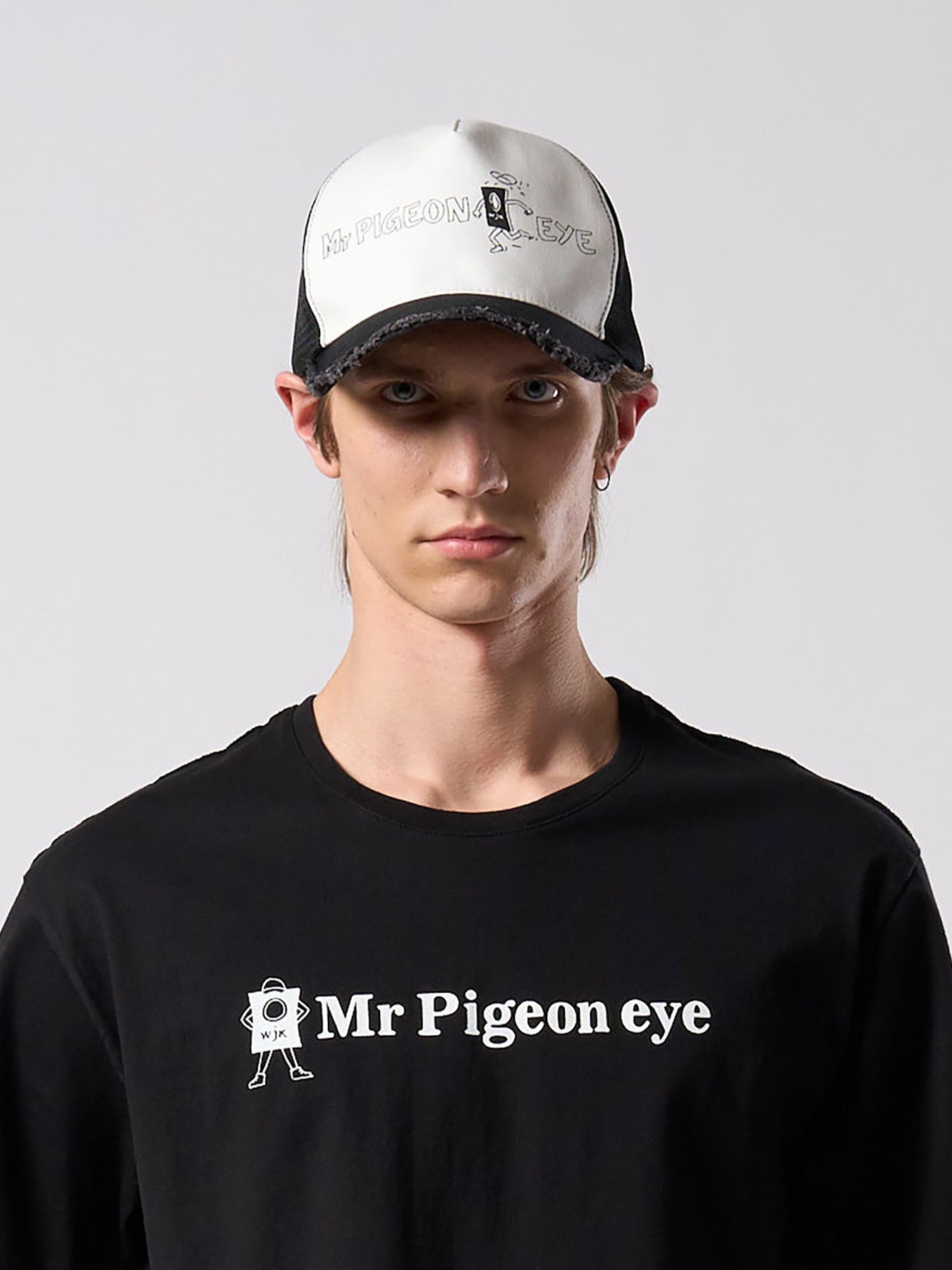 【予約品 4月19日(日) 18時締切】Ohta Design × wjk collaboration："panic" cut-off mesh cap / "panic" カットオフ メッシュキャップ / ホワイト×ブラック