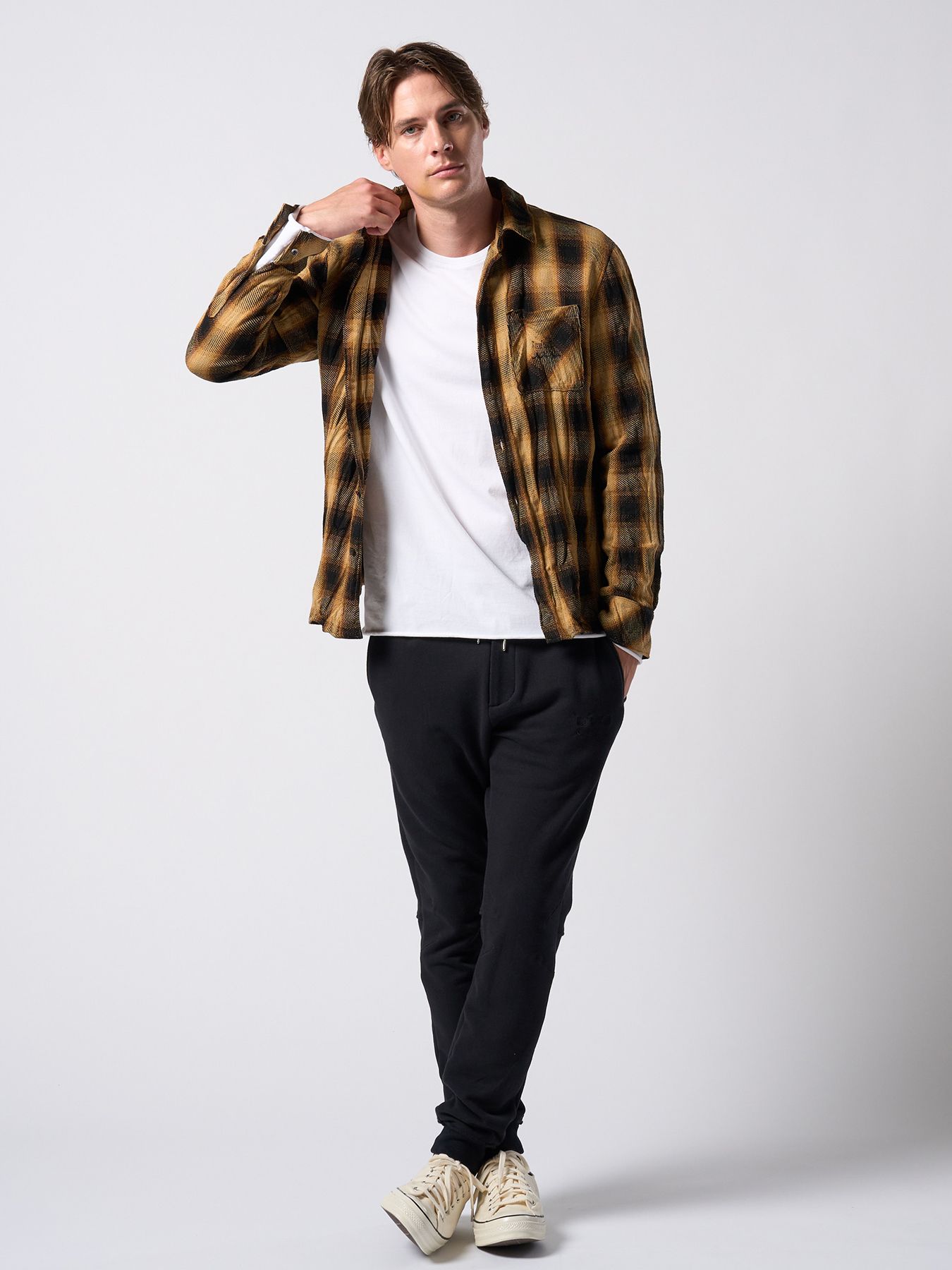 【予約品】muta × wjk collection：twist wrinkle check shirt / シワ加工チェックシャツ / イエローチェック