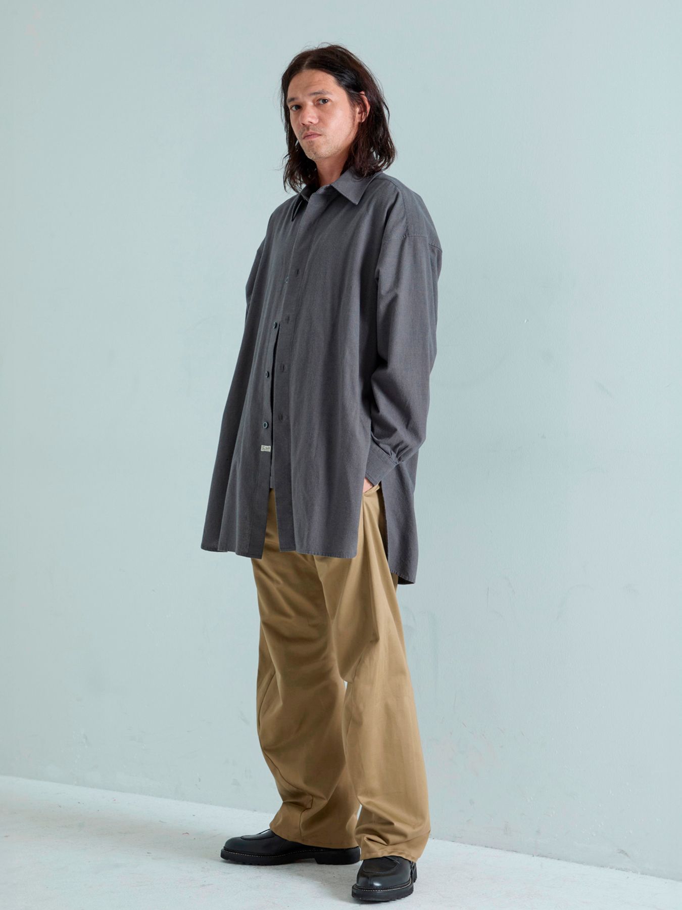 【予約品 5月7日(水)AM10時  締切】Chronos / ワッシャー加工 ロングシャツ / ダークブラウン×ネイビー千鳥