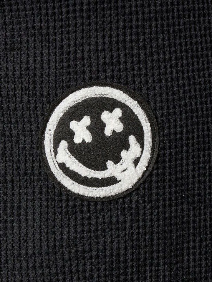 ヘビーウエイトコットンワッフル マルチサガラパッチラウンドヘムLS Tシャツ / ブラック 【STUD MUFFIN(スタッドマフィン)】