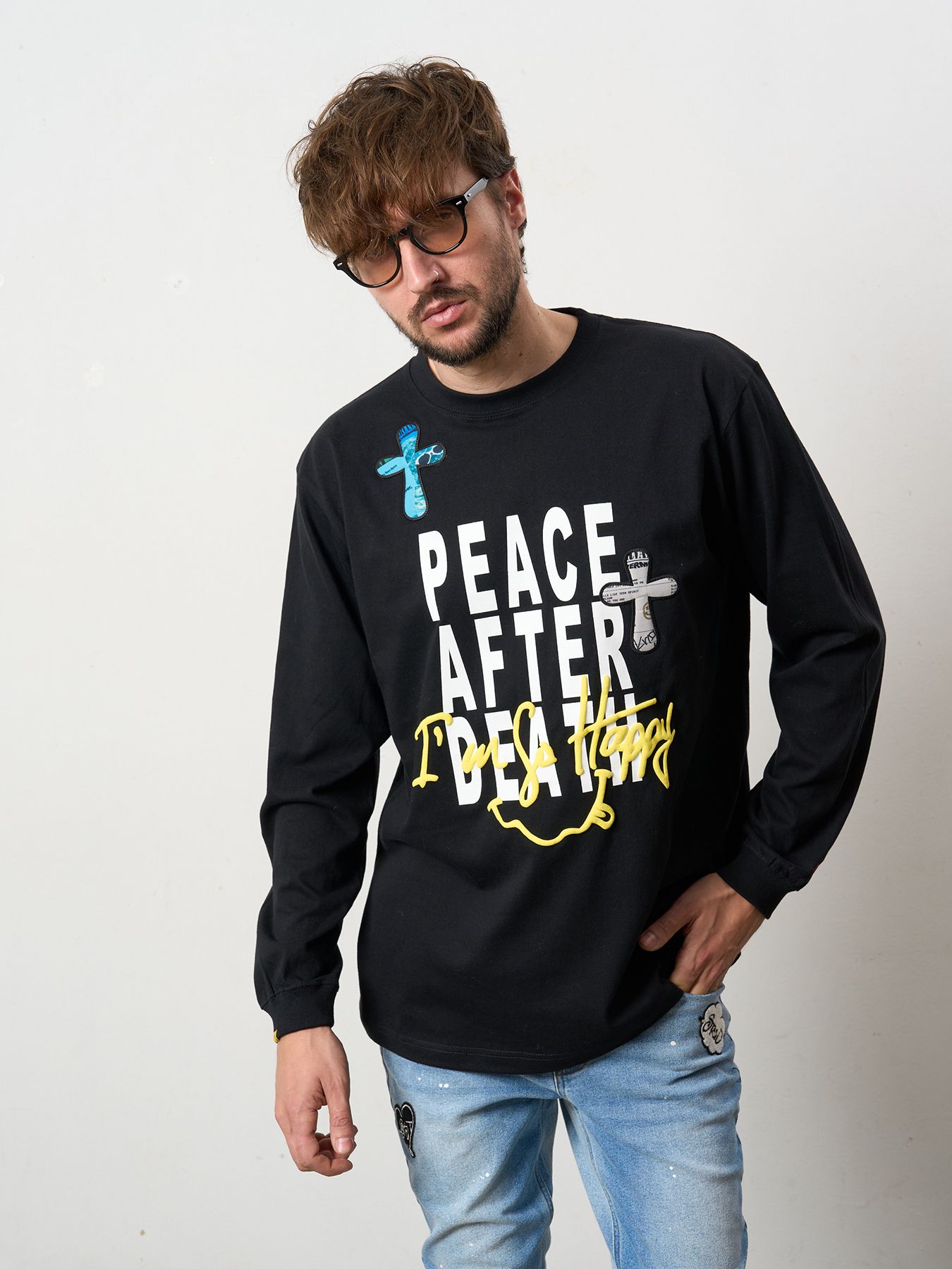 【予約品 5月8日(木) AM10時 締切】 5.6ozコットン天竺 PEACE AFTER DEATH&クロスパッチワーク LS Tシャツ / ブラック