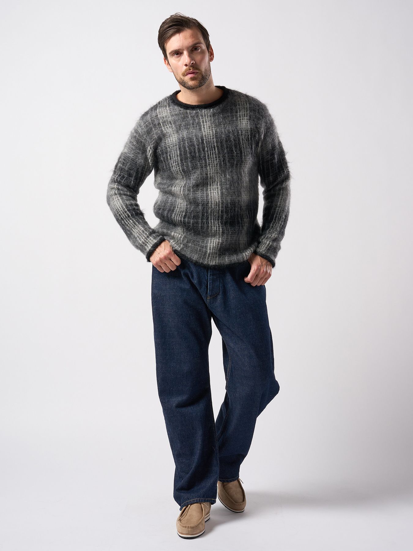 【予約品 】mohair shaggy knit crew / モヘアシャギーニット クルーネック / ブラックチェック