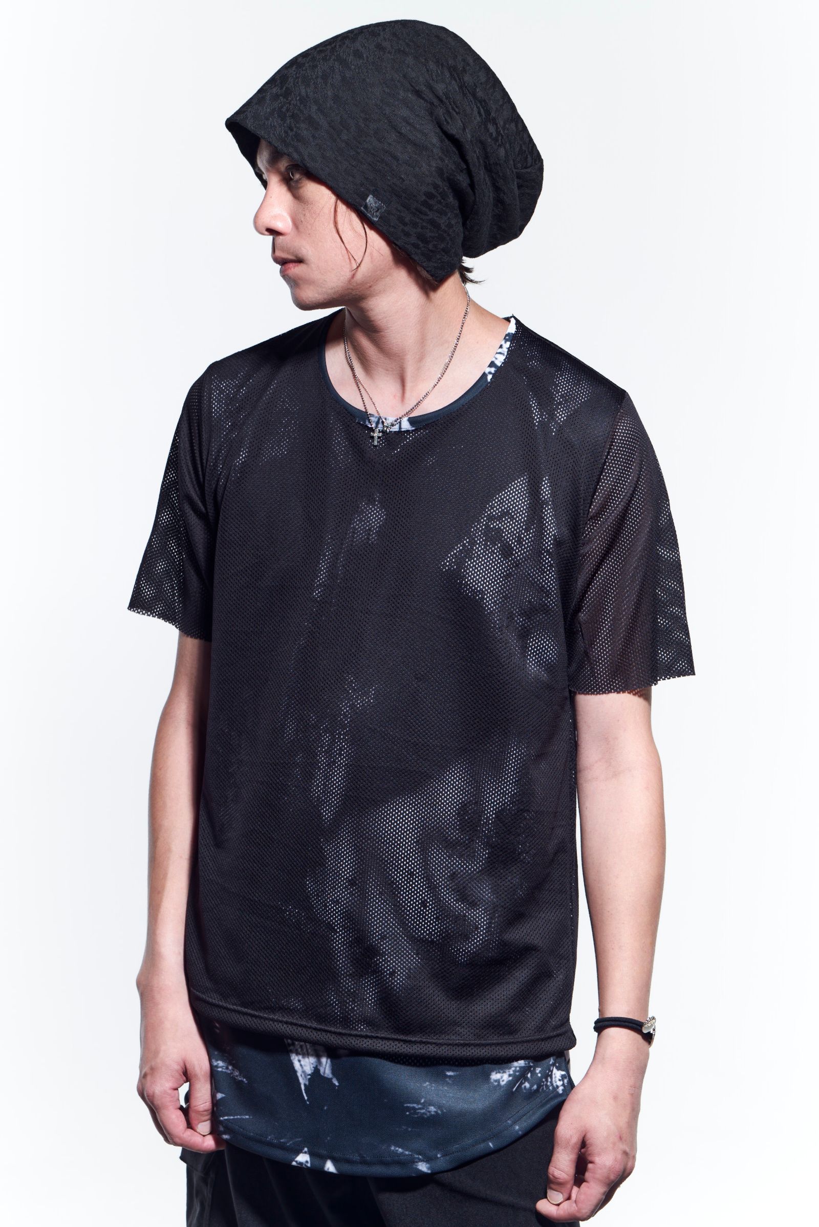《予約品》 Layered CrewT-Shirts Tシャツ Mesh+InkJetPrint / Black 【kiryuyrik】 5月入荷予定