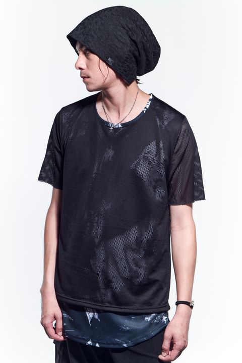 《予約品》 Layered CrewT-Shirts Tシャツ Mesh+InkJetPrint / Black 【kiryuyrik】 5月入荷予定