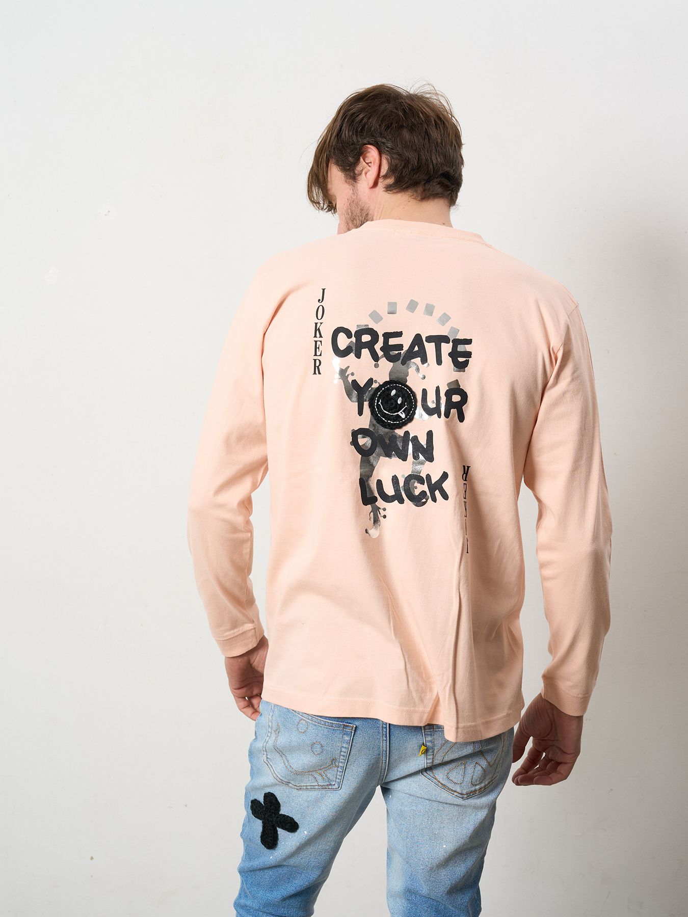 【予約品 5月8日(木) AM10時 締切】 5.6ozコットン天竺 CREATE YOUR OWN LUCK&マルチパッチワーク LS Tシャツ / ペールピンク