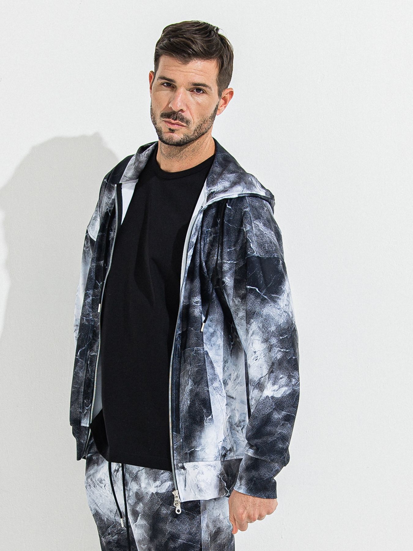 【予約品 】RASH OVER ZIPUP HOODIE / ラッシュガード オーバーサイズジップアップパーカー / マーブルブラック