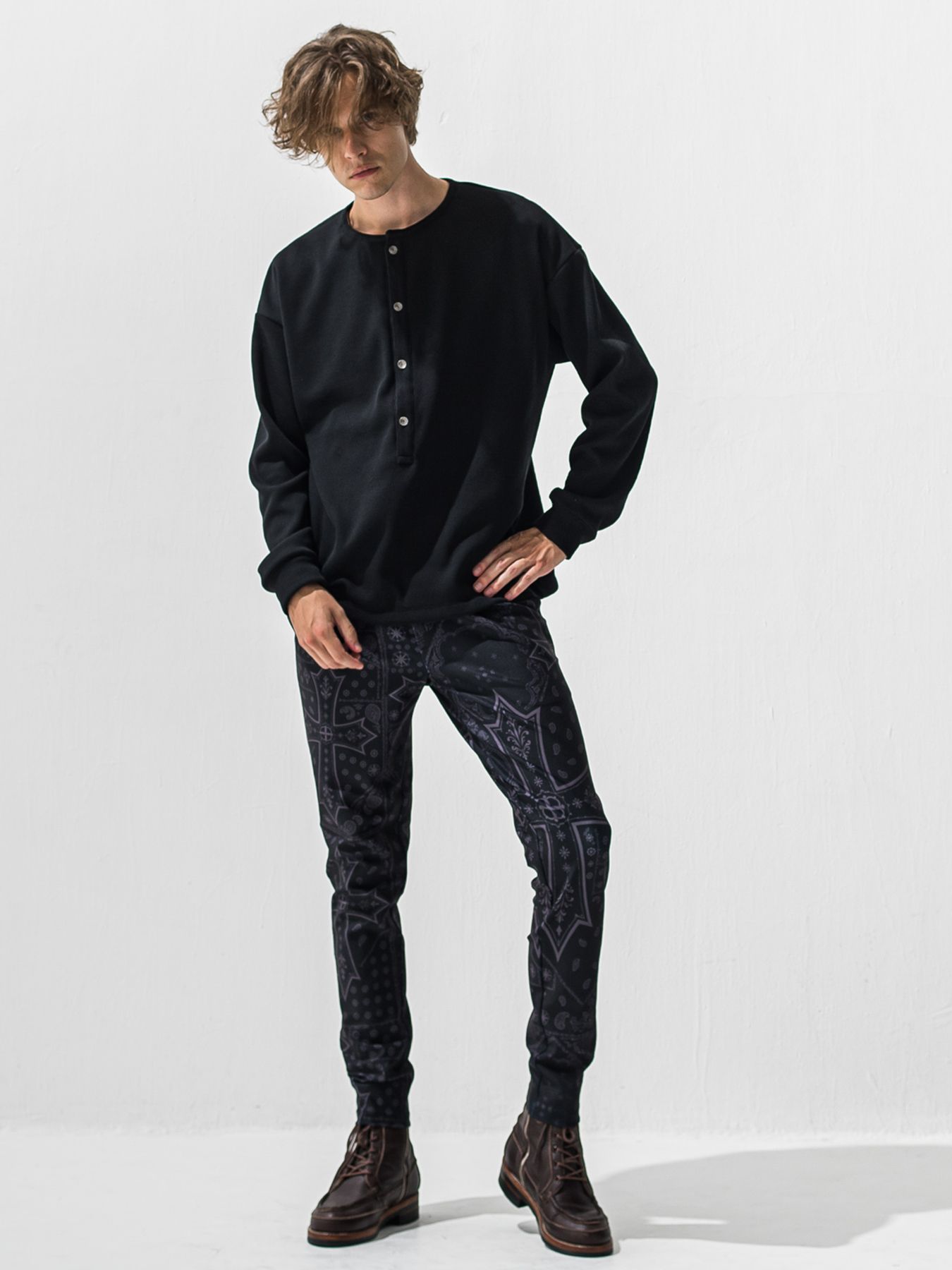 【予約品 9月6日(日) 締切】OVER HENRY VELOURS FLEECE THERMAL / 裏起毛 ハニカムサーマル オーバーサイズヘンリーネック / ブラック