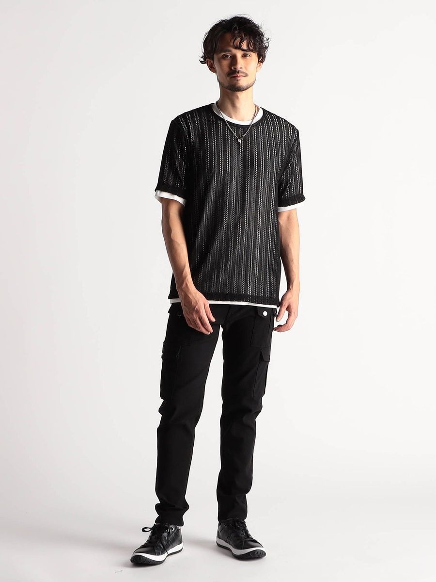 ラッセルレースアンサンブルTシャツ ブラック×ホワイト（NICOLE CLUB FOR MEN)