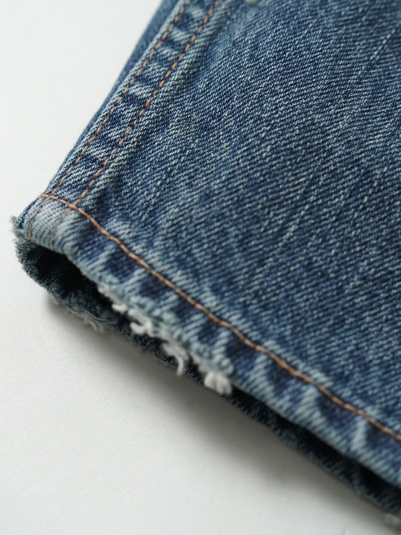 【予約品 5月6日(水) 締切】USN-DENIMTROUSERS damage / ダメージ加工 デニムミリタリーパンツ / インディゴ × 金茶ステッチ 淡