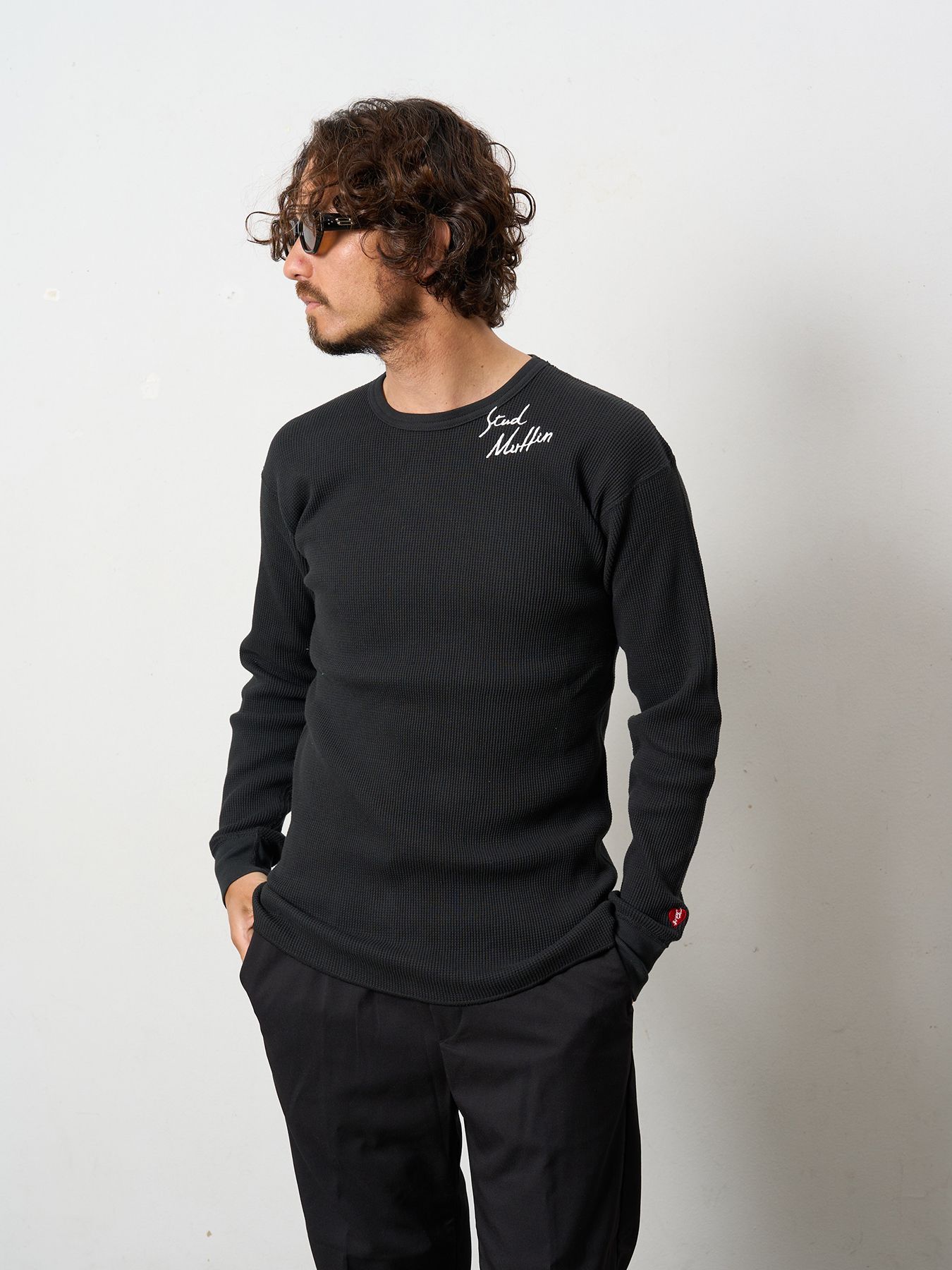 【予約品 5月8日(木) AM10時 締切】 ヘビーコットンワッフル ロゴ＆ハート刺繍 LS サーマル / ブラック