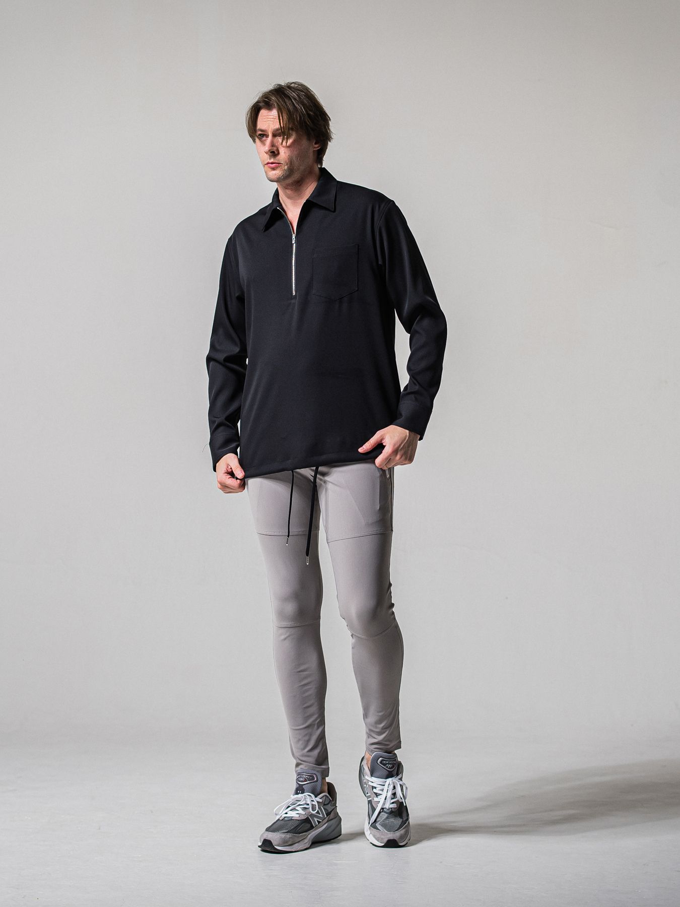 【予約品 11月16日(日) 締切】PULL OVER SATIN SHIRT / ジッププルオーバー サテンシャツ / ブラック