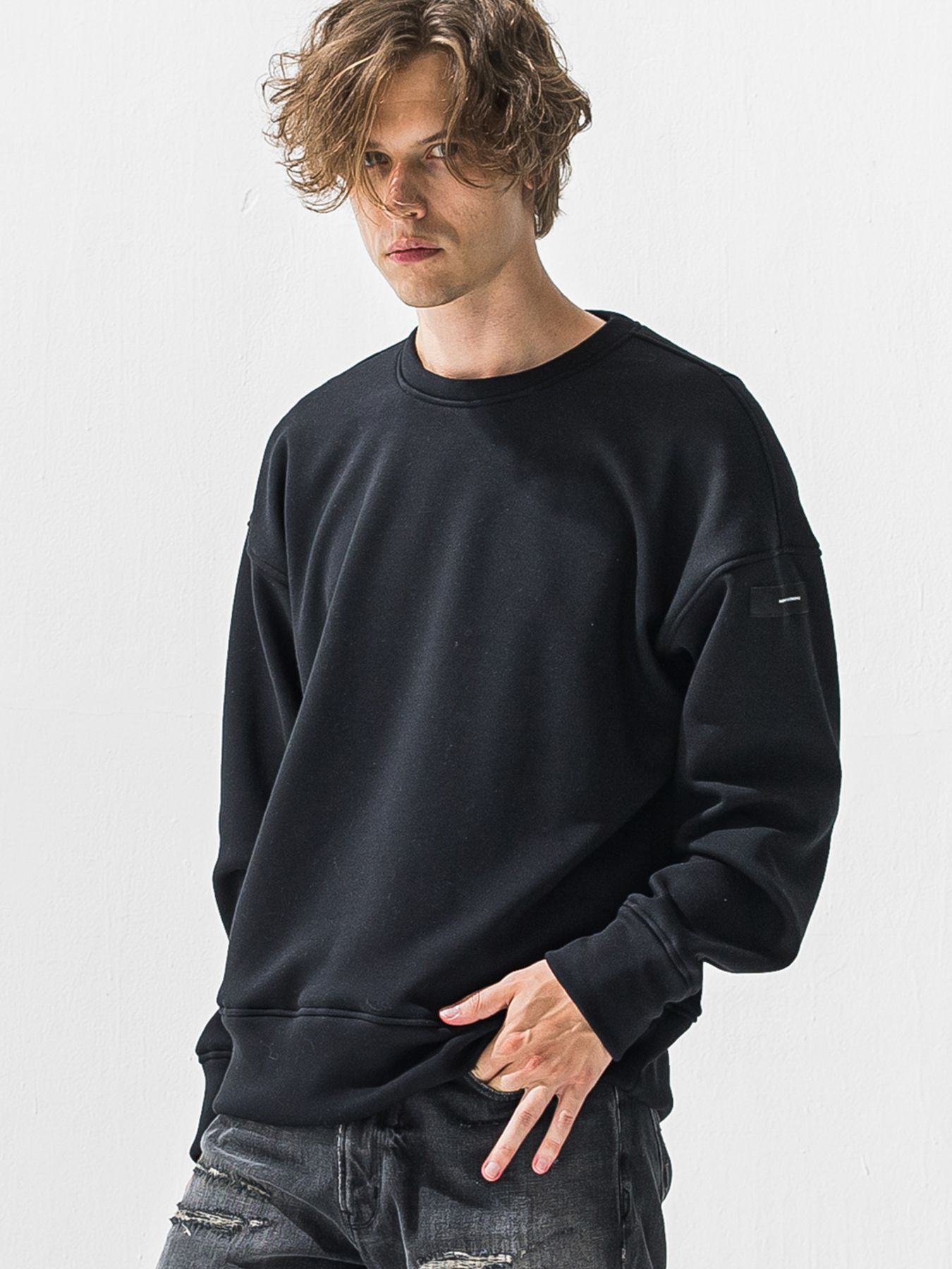 【予約品 9月6日(日) 締切】PIN ST RC VELOURS FLEECE DROP TRAINER / ピンストライプロゴ 裏起毛 ルーズトレーナー / ブラック