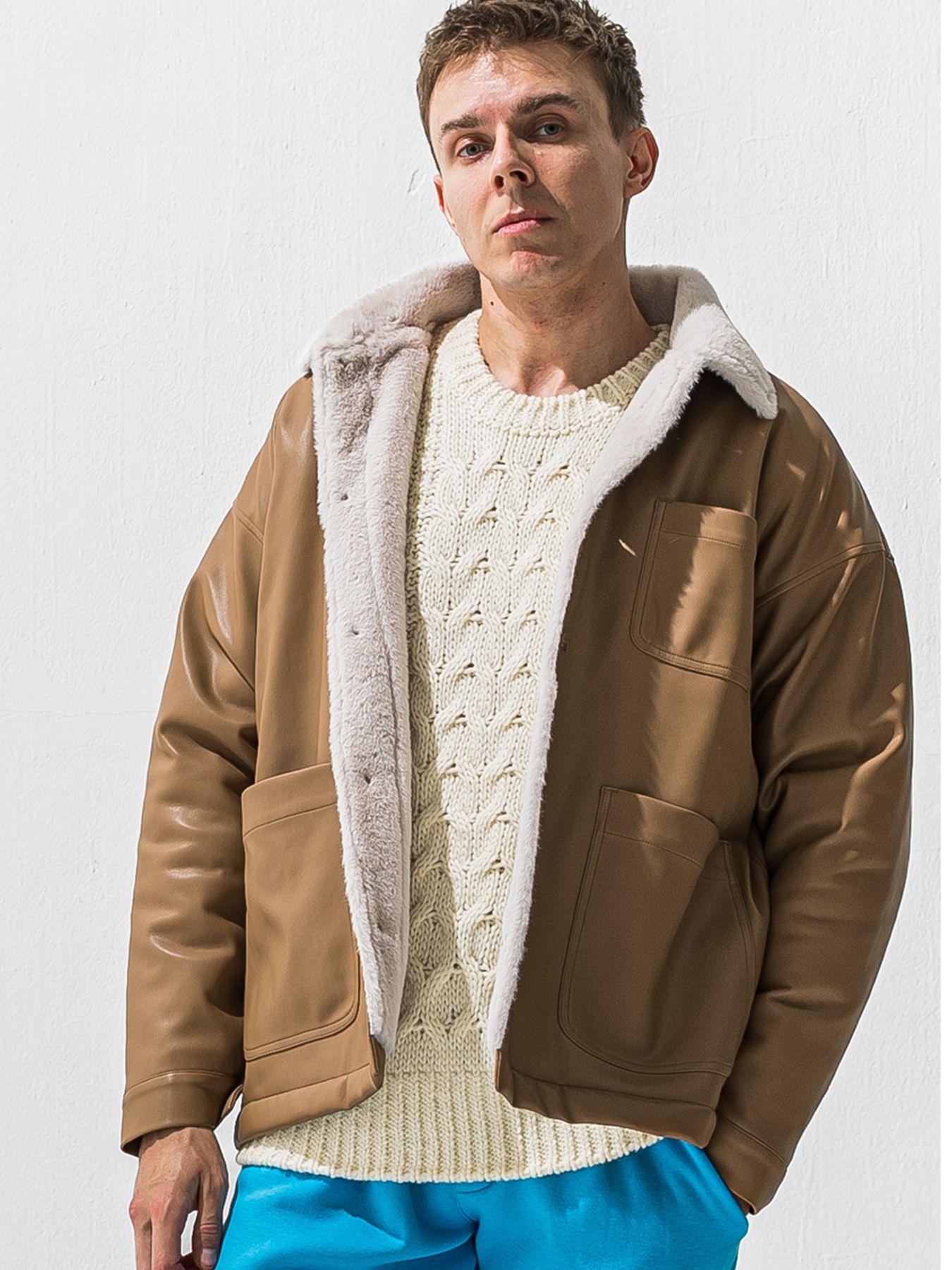 【予約品 9月6日(日) 締切】LEATHER FUR COVERALL / レザー ファー カバーオール / ベージュ