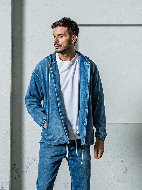 《予約11月17日19時締め》 DENIM JERSEY  coach hoodie / ジャケットパーカー / ライトインディゴ