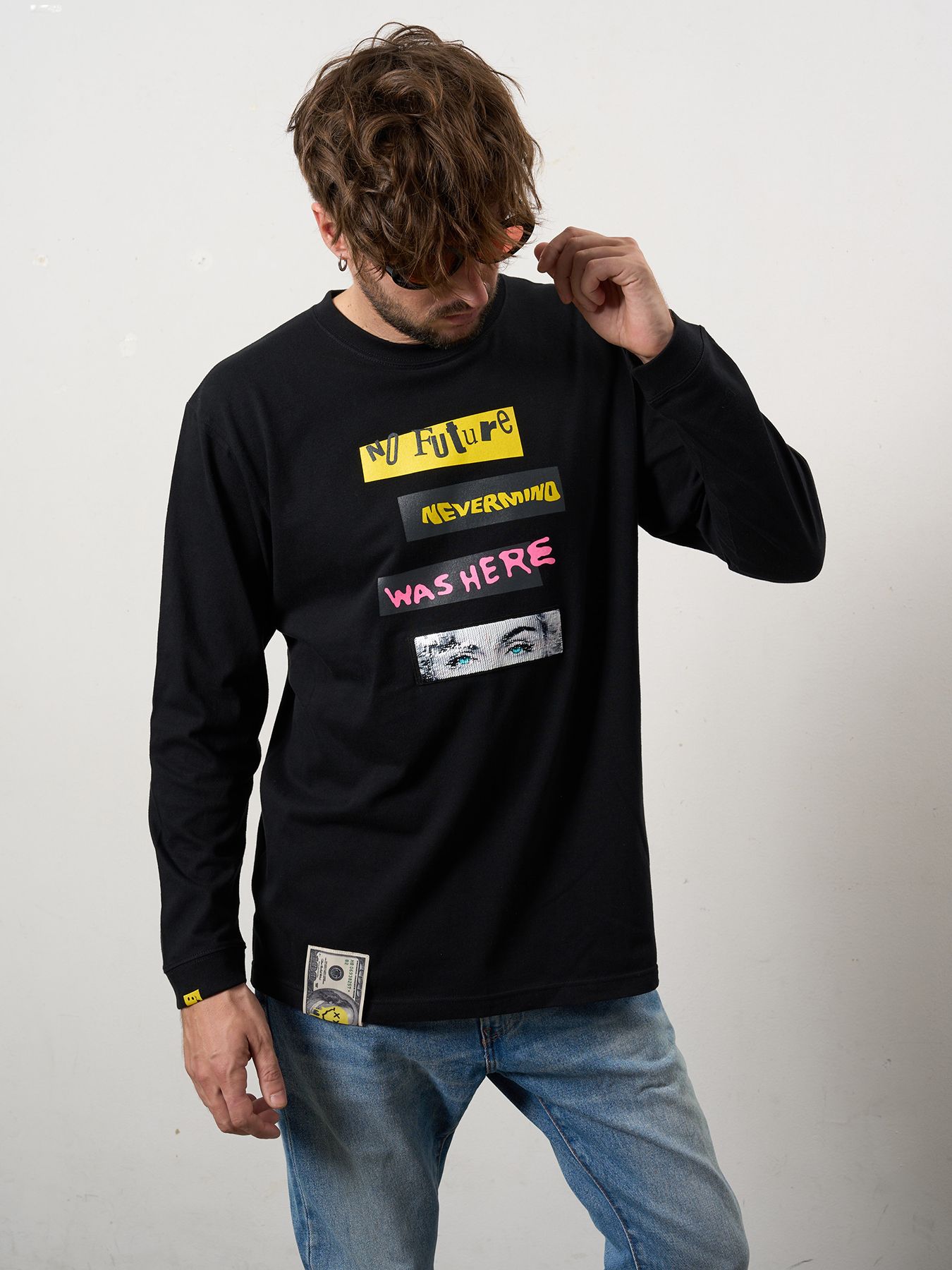 【予約品 10月16日(木) 締切】5.6ozコットン天竺 タイトルボックスシークイン LSシャツ / ブラック