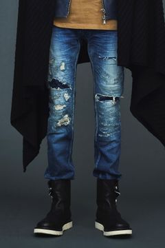 〈予約品〉12.5ozオーガニックコットンストレッチデニム TIGHT JOE タイトストレート ユーズドクラッシュ+リペア加工 / INDIGO 【STRUM】 8月中~下旬入荷予定