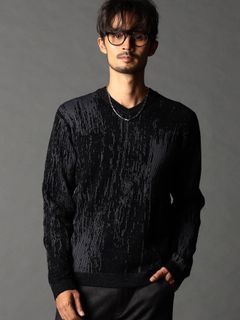 バーク風ジャカード Vネックプルオーバーニット / ブラック【NICOLE CLUB FOR MEN】