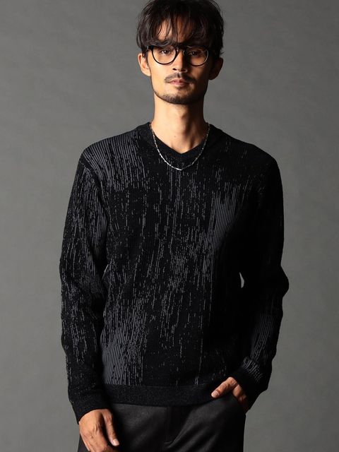 バーク風ジャカード Vネックプルオーバーニット / ブラック【NICOLE CLUB FOR MEN】